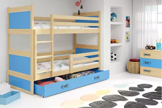 Visualisering av RICO Våningssäng för ungdomar 90x190 med låda, furu/blå