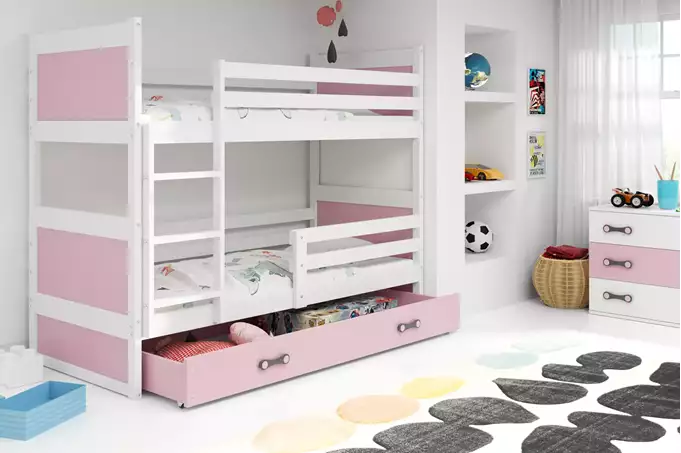 Visualisering av RICO våningssäng för ungdomar 90X190 med låda, vit/rosa