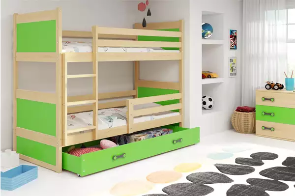 Visualisering av RICO Våningssäng för ungdomar 90X190 med madrass och låda, furu/grön
