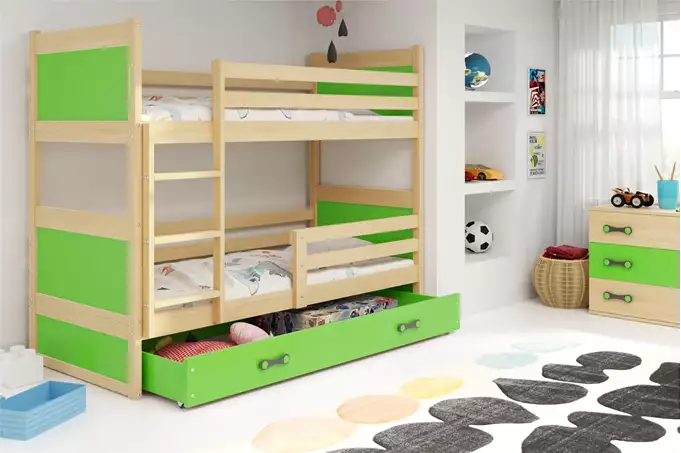 Visualisering av RICO Våningssäng för ungdomar 90X190 med madrass och låda, furu/grön