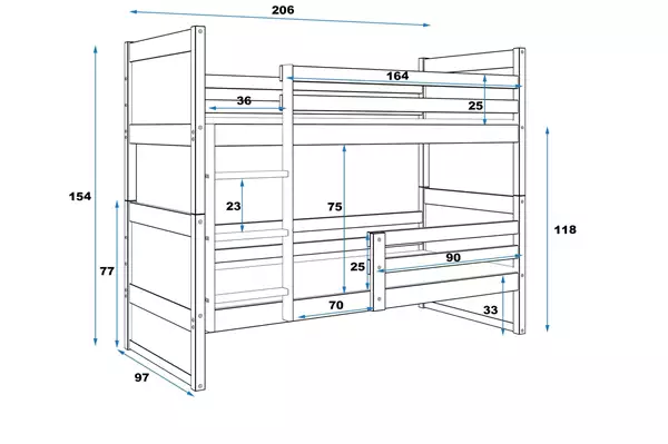 Storlek på RICO våningssäng för ungdomar 90X200, furu/grafit