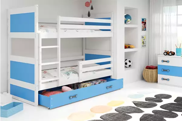Visualisering av RICO våningssäng för ungdomar 90X200 med madrass och låda, vit/blå Visualisering av RICO våningssäng för ungdomar 90X200 med madrass och låda, vit/blå