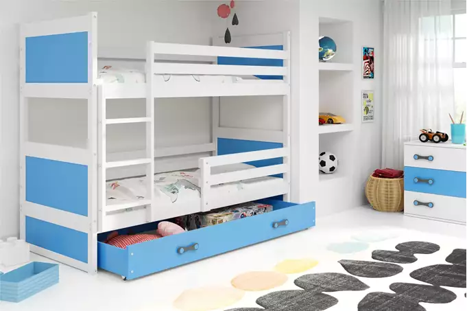 Visualisering av RICO våningssäng för ungdomar 90X200 med madrass och låda, vit/blå