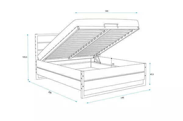 Storlek på Säng LOFT 140X200 med madrass och förvaringsutrymme, av ekträ