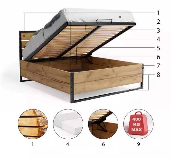 Beståndsdelar för Säng LOFT 160x200 med förvaring, ekträ