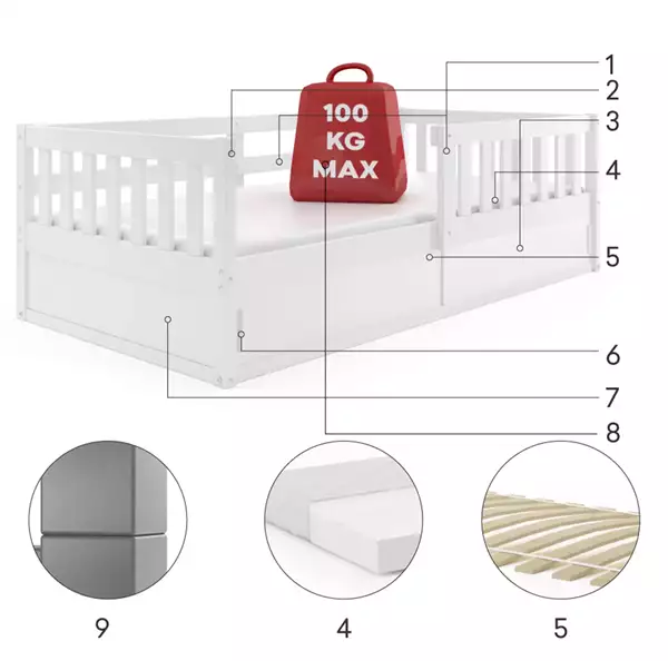 Beståndsdelar för SMART enkelsäng för barn 80X160 med förvaring, vit Beståndsdelar för SMART enkelsäng för barn 80X160 med förvaring, vit