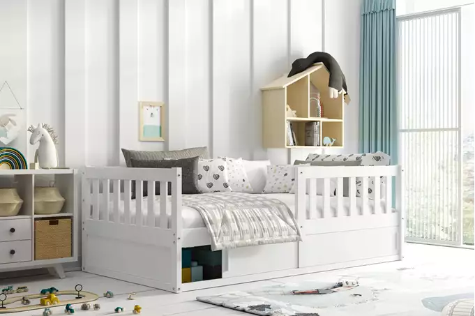 Visualisering av SMART enkelsäng för barn 80X160 med förvaring, vit