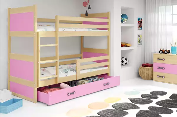Visualisering av Tonåringsvåningssäng RICO 90X200 med låda, furu/rosa Visualisering av Tonåringsvåningssäng RICO 90X200 med låda, furu/rosa
