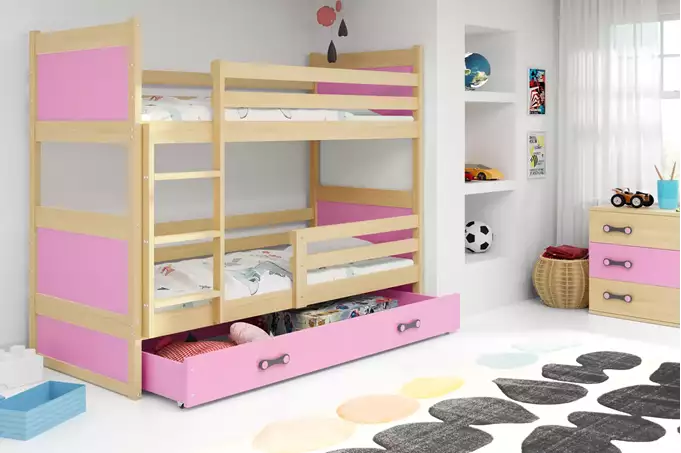 Visualisering av Tonåringsvåningssäng RICO 90X200 med låda, furu/rosa