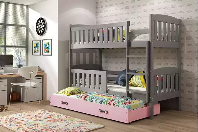 Visualisering av Trebäddars ungdomssäng KUBUŚ 90X190 med madrass och låda, grafit/rosa