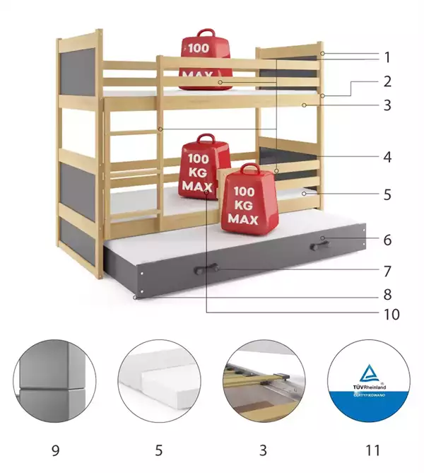 Beståndsdelar för Trebäddars ungdomssäng RICO 90X190 med madrass och låda, furu/grafit