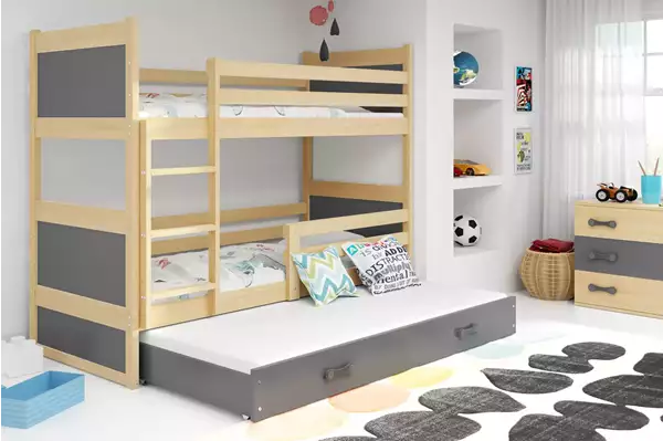 Visualisering av Trebäddars ungdomssäng RICO 90X200 med låda, furu/grafit Visualisering av Trebäddars ungdomssäng RICO 90X200 med låda, furu/grafit