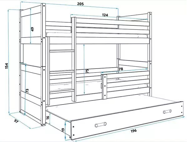 Storlek på Trebäddars ungdomssäng RICO 90X200 med låda, furu/rosa