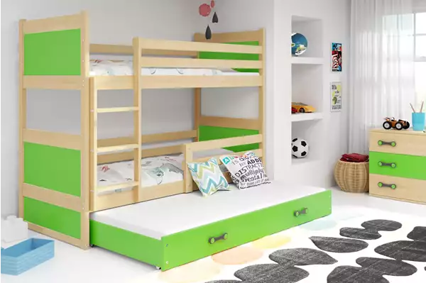 Visualisering av Trebädds juniorsäng RICO 90x200 med låda, furu/grön