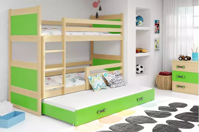 Visualisering av Trebädds juniorsäng RICO 90x200 med låda, furu/grön
