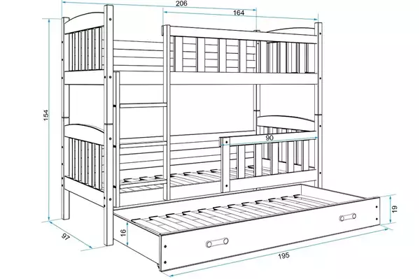 Storlek på Trebädds ungdomssäng KUBUŚ 90X200 med låda, furu/grön