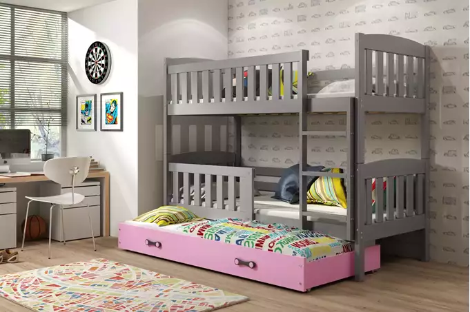 Visualisering av Trebädds ungdomssäng KUBUŚ 90X200 med låda, grafit/rosa