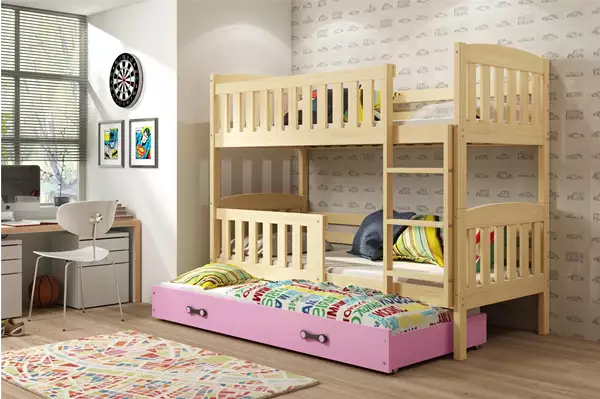 Visualisering av Trebädds ungdomssäng KUBUŚ 90X200 med madrass och låda, furu/rosa Visualisering av Trebädds ungdomssäng KUBUŚ 90X200 med madrass och låda, furu/rosa