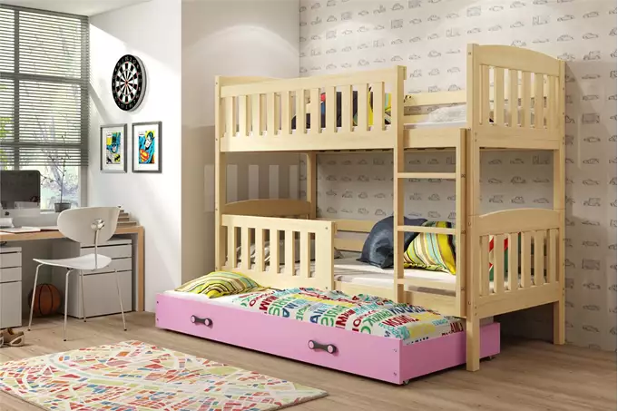 Visualisering av Trebädds ungdomssäng KUBUŚ 90X200 med madrass och låda, furu/rosa