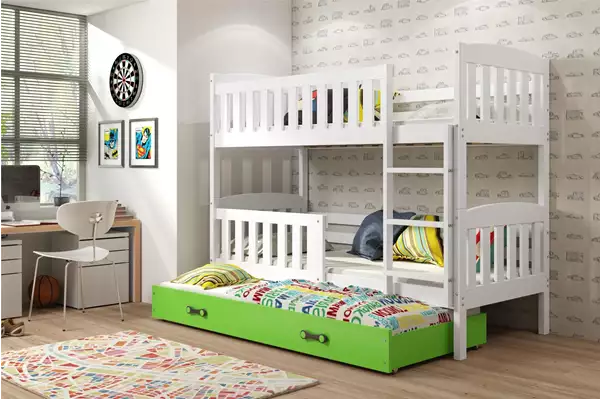 Visualisering av Trebädds ungdomssäng KUBUŚ 90X200 med madrass och låda, vit/grön Visualisering av Trebädds ungdomssäng KUBUŚ 90X200 med madrass och låda, vit/grön