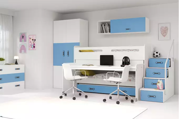 Visualisering av Trebädds ungdomssäng MAX 1 80X200 med madrass och skrivbord, blå