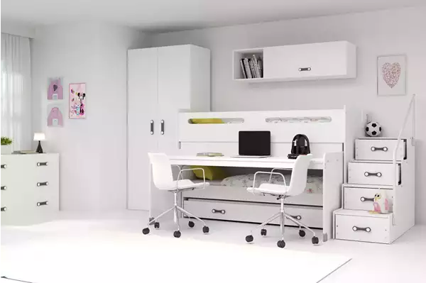 Visualisering av Trebädds ungdomssäng MAX 1 80x200 med madrass och skrivbord, vit