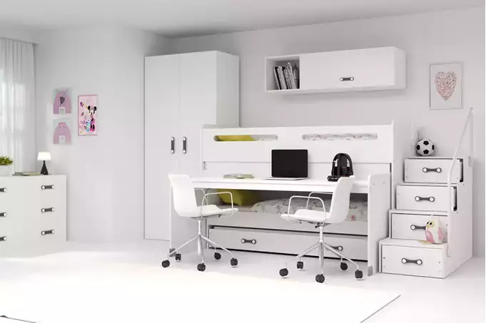 Visualisering av Trebädds ungdomssäng MAX 1 80X200 med skrivbord, vit