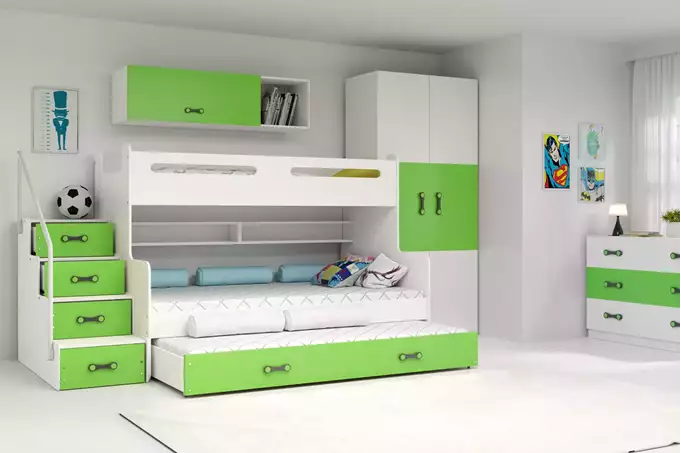 Visualisering av Trebädds ungdomssäng MAX 3 120X200 med madrass och låda, grön