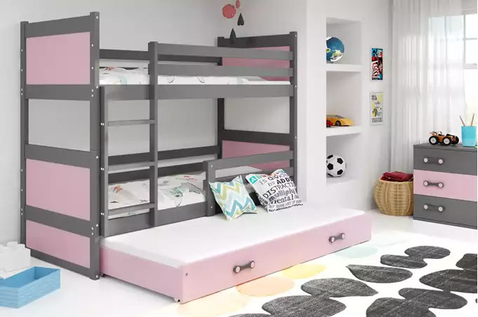 Visualisering av Trebädds ungdomssäng RICO 90X190 med madrass och låda, grafit/rosa