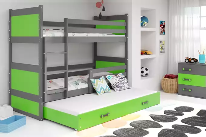 Visualisering av Trebädds ungdomssäng RICO 90x200 med låda, grafit/grön