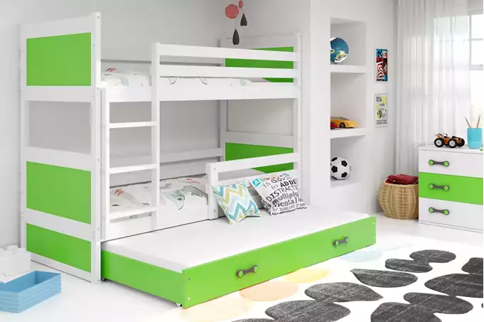 Visualisering av Trebädds ungdomssäng RICO 90x200 med låda, vit/grön