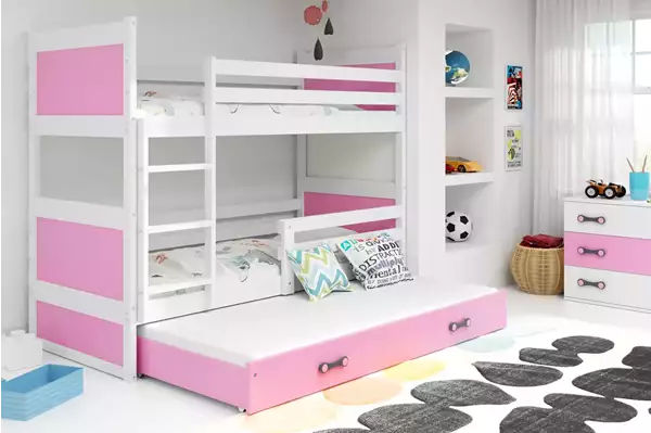 Visualisering av Trebädds ungdomssäng RICO 90X200 med låda, vit/rosa
