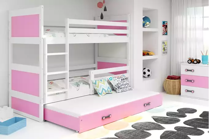 Visualisering av Trebädds ungdomssäng RICO 90X200 med låda, vit/rosa