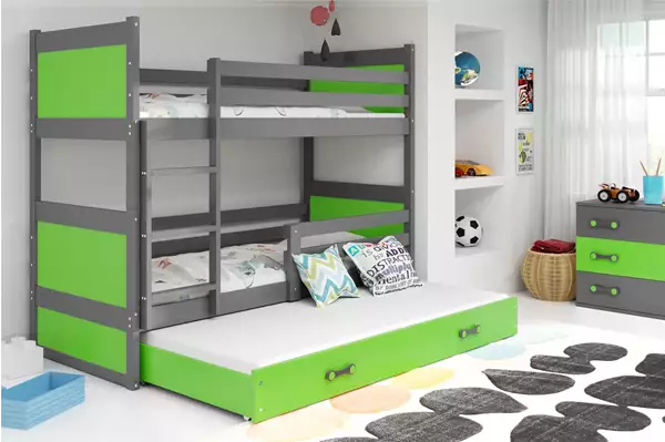 Visualisering av Trebädds ungdomssäng RICO 90X200 med madrass och låda, grafit/grön Visualisering av Trebädds ungdomssäng RICO 90X200 med madrass och låda, grafit/grön