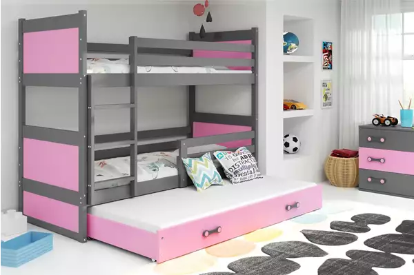 Visualisering av Trebädds ungdomssäng RICO 90X200 med madrass och låda, grafit/rosa Visualisering av Trebädds ungdomssäng RICO 90X200 med madrass och låda, grafit/rosa