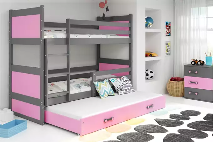 Visualisering av Trebädds ungdomssäng RICO 90X200 med madrass och låda, grafit/rosa