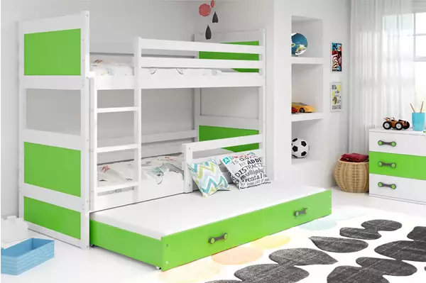 Visualisering av Trebädds ungdomssäng RICO 90X200 med madrass och låda, vit/grön Visualisering av Trebädds ungdomssäng RICO 90X200 med madrass och låda, vit/grön