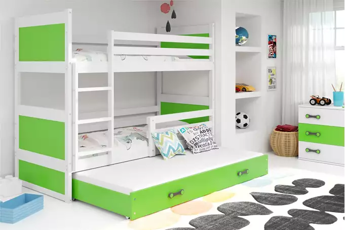 Visualisering av Trebädds ungdomssäng RICO 90X200 med madrass och låda, vit/grön