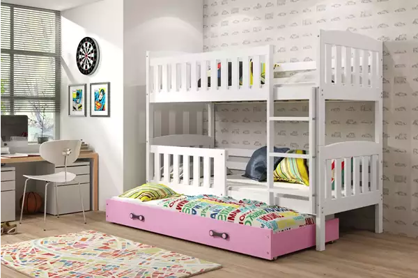 Visualisering av Trebäddsmadrass för ungdom KUBUŚ 90X200 med låda, vit/rosa Visualisering av Trebäddsmadrass för ungdom KUBUŚ 90X200 med låda, vit/rosa