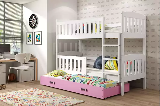 Visualisering av Trebäddsmadrass för ungdom KUBUŚ 90X200 med låda, vit/rosa