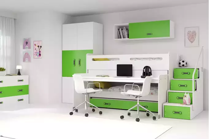 Visualisering av Trebäddsungdomssäng MAX 1 80x200 med madrass och skrivbord, grön