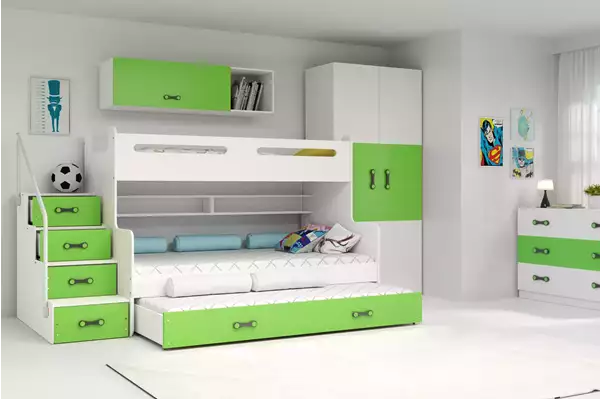 Visualisering av Trebäddsungdomssäng MAX 3 120X200 med låda, grön