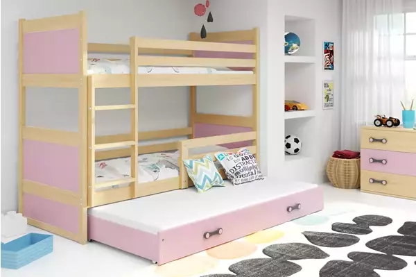 Visualisering av Trebäddsungdomssäng RICO 90X190 med låda, furu/rosa