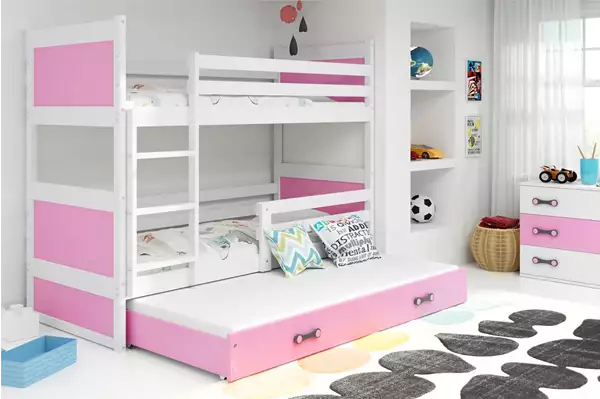 Visualisering av Trebäddsungdomssäng RICO 90X200 med madrass och låda, vit/rosa