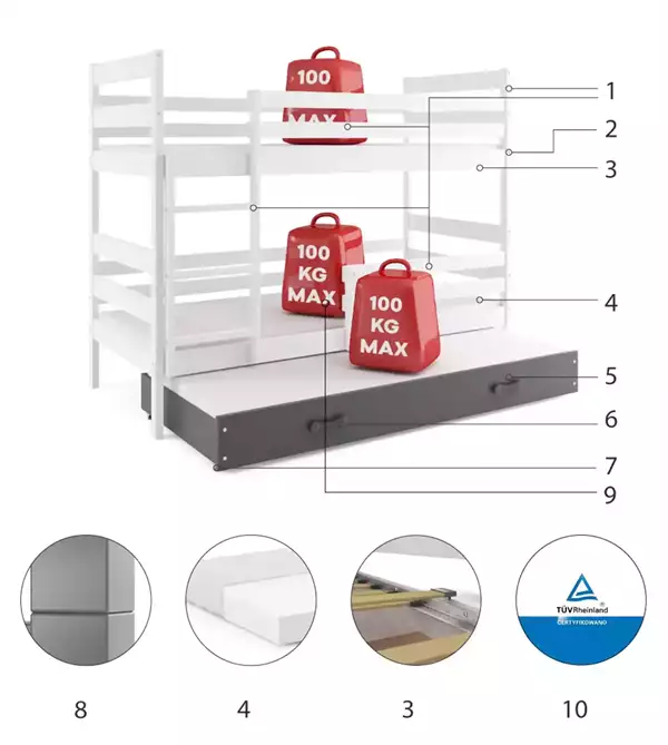 Beståndsdelar för Trippelsäng för ungdomar ERYK 90X200 med låda, vit/grafit