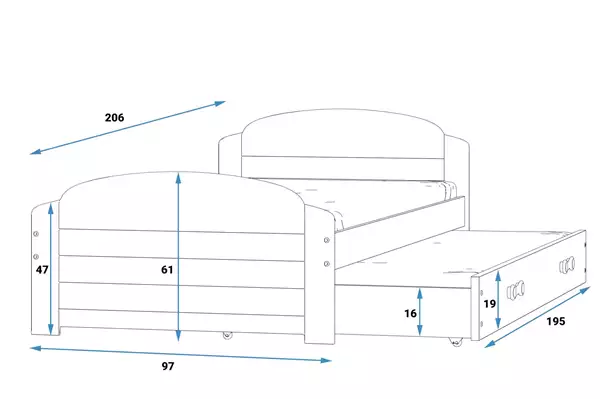 Storlek på Ungdomssäng LILI 90X200 med utdragbar låda, vit/grön Storlek på Ungdomssäng LILI 90X200 med utdragbar låda, vit/grön