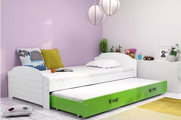 Visualisering av Ungdomssäng LILI 90X200 med utdragbar låda, vit/grön Visualisering av Ungdomssäng LILI 90X200 med utdragbar låda, vit/grön