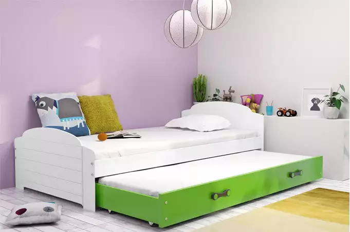 Visualisering av Ungdomssäng LILI 90X200 med utdragbar låda, vit/grön