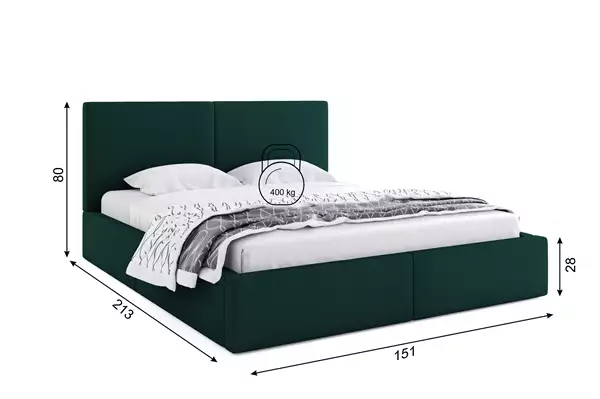 Mått och specifikationer för Uppklädd säng 140x200 Hilton, grön