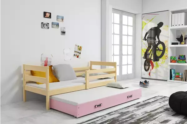 Visualisering av Utbyggbar juniorsäng ERYK 80X190 med låda, furu/rosa